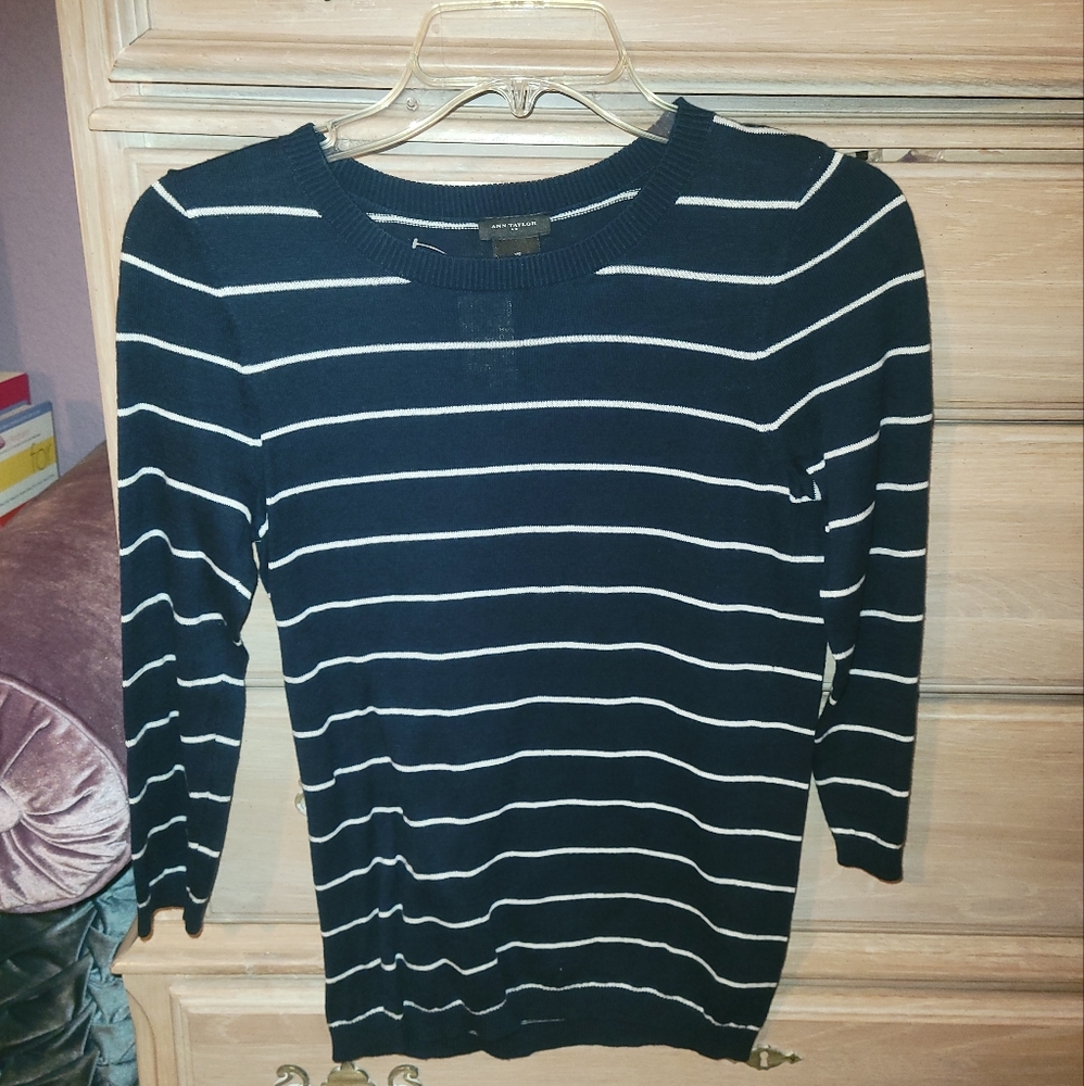 Ann Taylor Navy & White Striped Sweater 3/4 Sleeves Size Small NWT
